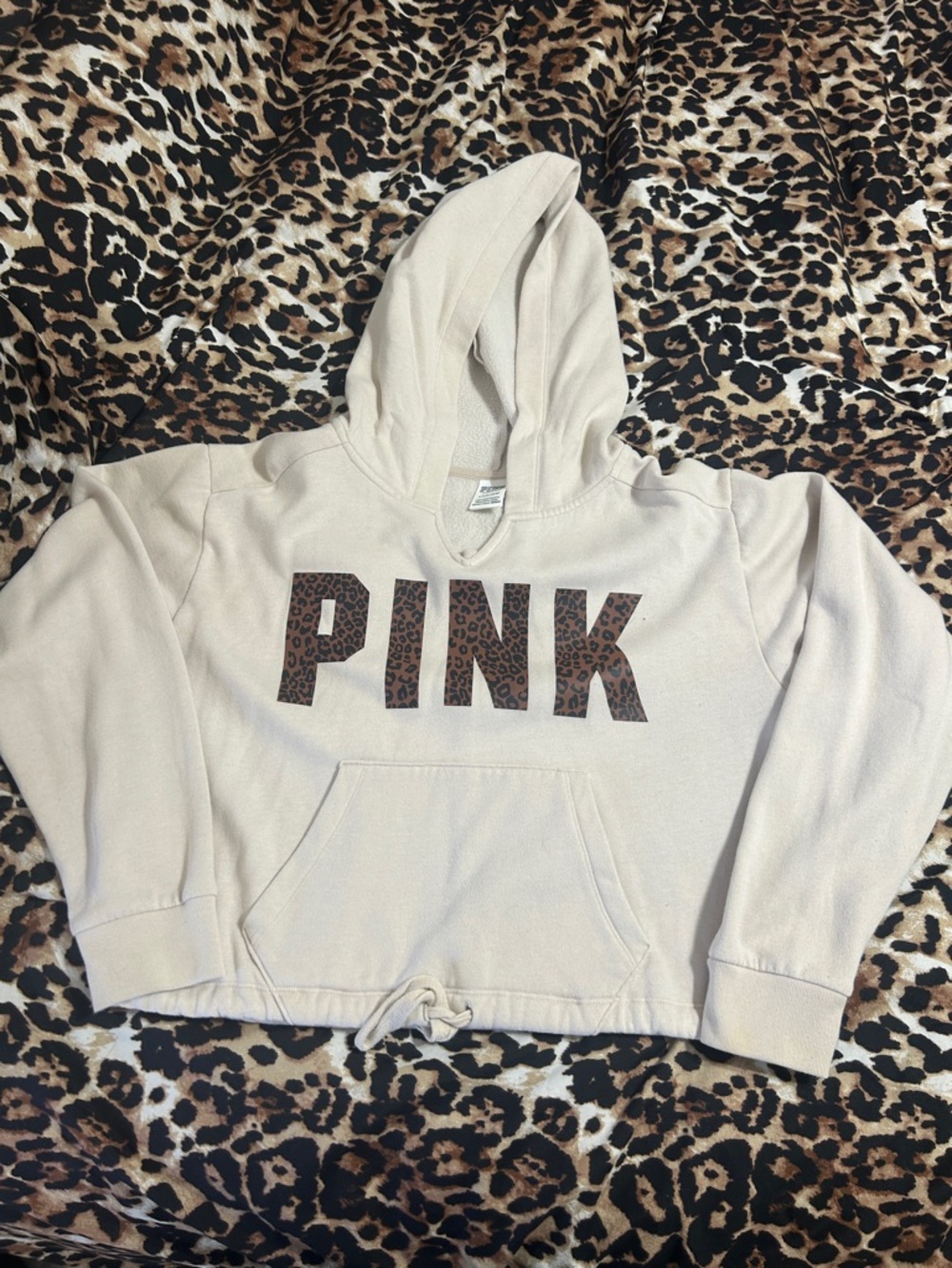 PINK Victoria's Secret ' Cream Hoodie with Leopard Print Logo